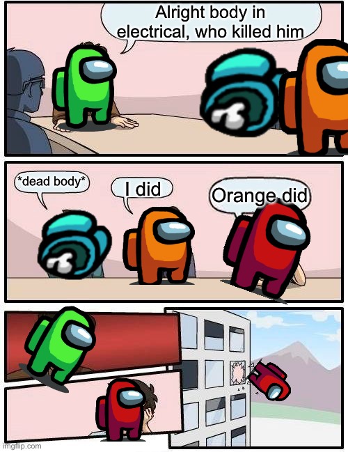 Boardroom Meeting Suggestion | Alright body in electrical, who killed him; I did; *dead body*; Orange did | image tagged in memes,boardroom meeting suggestion | made w/ Imgflip meme maker
