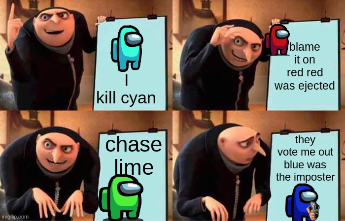Gru's Plan Meme | blame it on red red was ejected; I kill cyan; chase lime; they vote me out blue was the imposter | image tagged in memes,gru's plan | made w/ Imgflip meme maker
