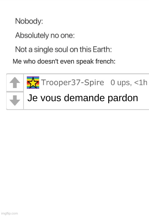 (I actually learned it from an old classmate don't come at me) | Me who doesn't even speak french: | image tagged in nobody absolutely no one | made w/ Imgflip meme maker