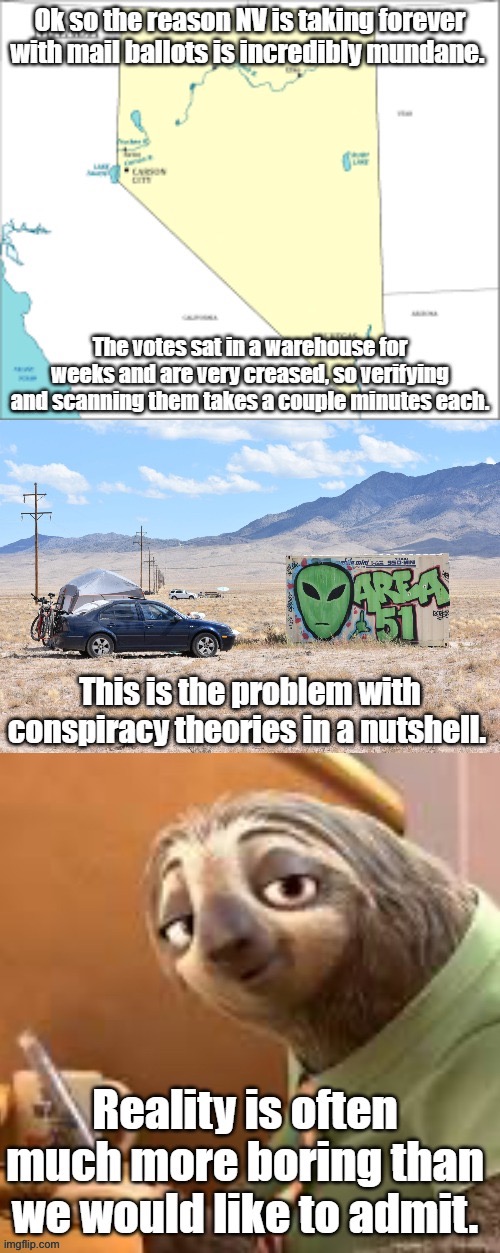 This conspiracy theory died in a Nevada warehouse. | image tagged in conspiracy theory,nevada,conspiracy theories,election 2020,2020 elections,votes | made w/ Imgflip meme maker