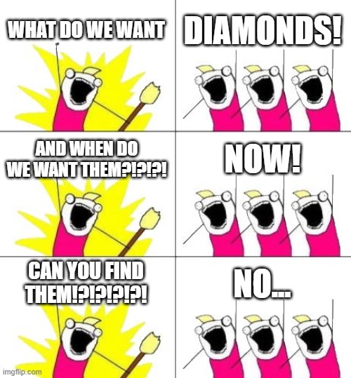 sad rally | WHAT DO WE WANT; DIAMONDS! AND WHEN DO WE WANT THEM?!?!?! NOW! CAN YOU FIND THEM!?!?!?!?! NO... | image tagged in memes,what do we want 3 | made w/ Imgflip meme maker