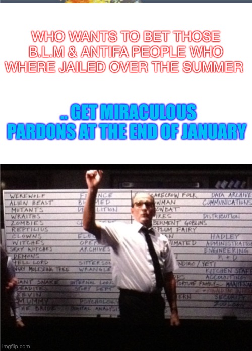 Keep an eye out for this one people.. its coming. | WHO WANTS TO BET THOSE B.L.M & ANTIFA PEOPLE WHO WHERE JAILED OVER THE SUMMER; .. GET MIRACULOUS PARDONS AT THE END OF JANUARY | image tagged in who's got for 2020,joe biden,democrats,antifa,blm,dems troops | made w/ Imgflip meme maker
