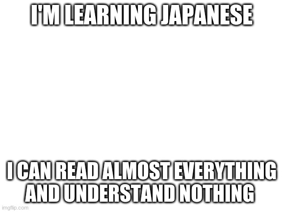 Yeah I don't know too many words | I'M LEARNING JAPANESE; I CAN READ ALMOST EVERYTHING AND UNDERSTAND NOTHING | image tagged in blank white template | made w/ Imgflip meme maker