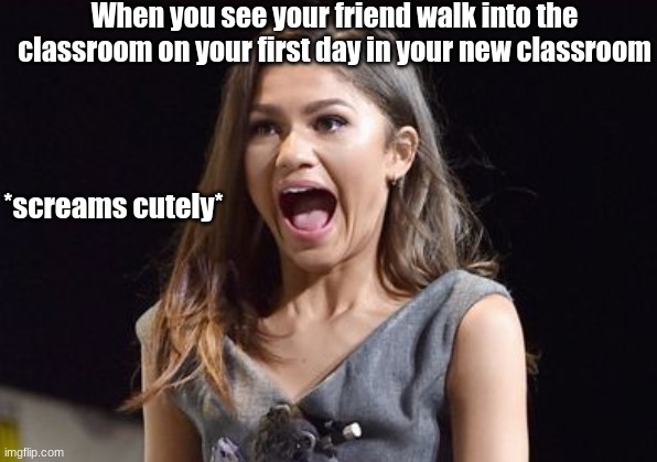 When you see your friend walk into the classroom on your first day in your new classroom; *screams cutely* | image tagged in school,friends | made w/ Imgflip meme maker