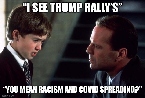 It’s true tho | “I SEE TRUMP RALLY’S”; “YOU MEAN RACISM AND COVID SPREADING?” | image tagged in the sixth sense | made w/ Imgflip meme maker
