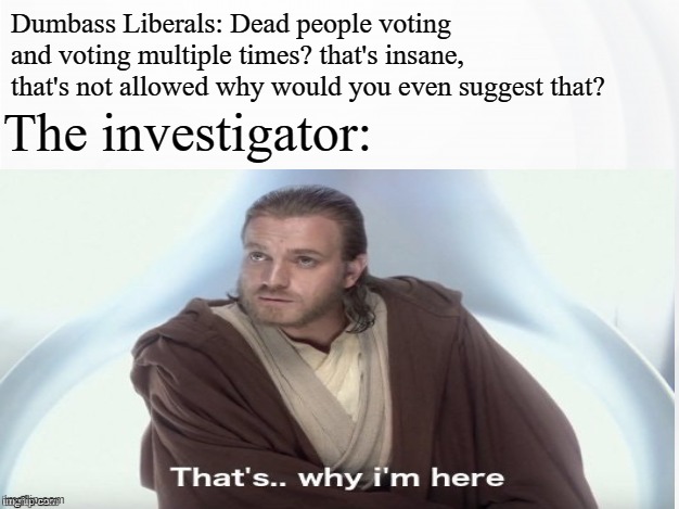 That's Why I'm Here | Dumbass Liberals: Dead people voting and voting multiple times? that's insane, that's not allowed why would you even suggest that? The investigator: | image tagged in that's why i'm here | made w/ Imgflip meme maker