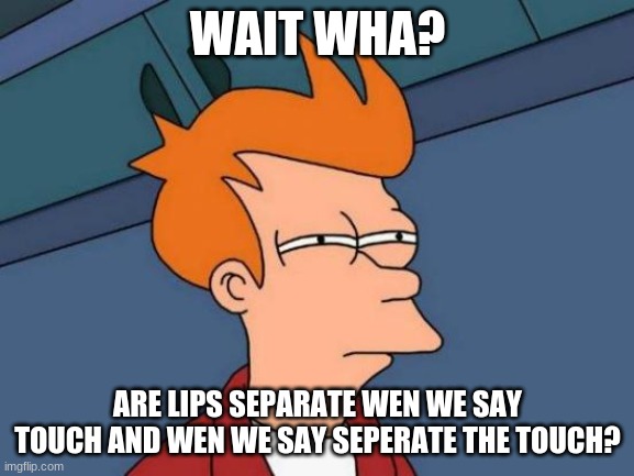 Futurama Fry | WAIT WHA? ARE LIPS SEPARATE WEN WE SAY TOUCH AND WEN WE SAY SEPERATE THE TOUCH? | image tagged in memes,futurama fry | made w/ Imgflip meme maker