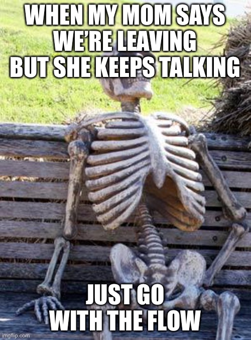 Waiting Skeleton | WHEN MY MOM SAYS WE’RE LEAVING BUT SHE KEEPS TALKING; JUST GO WITH THE FLOW | image tagged in memes,waiting skeleton | made w/ Imgflip meme maker