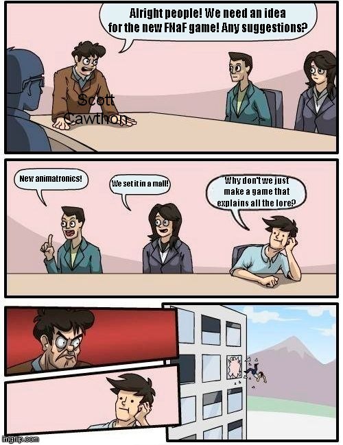 Of course we can't do that. Scott doesn't work that way. | Alright people! We need an idea for the new FNaF game! Any suggestions? Scott Cawthon; New animatronics! We set it in a mall! Why don't we just make a game that explains all the lore? | image tagged in memes,boardroom meeting suggestion | made w/ Imgflip meme maker