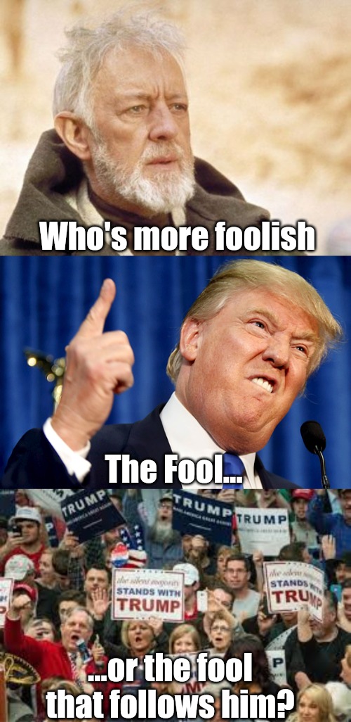 Who's more foolish... | Who's more foolish; The Fool... ...or the fool that follows him? | image tagged in obi wan kenobi,donald trump,trump supporters,election 2020,trump 2020 | made w/ Imgflip meme maker