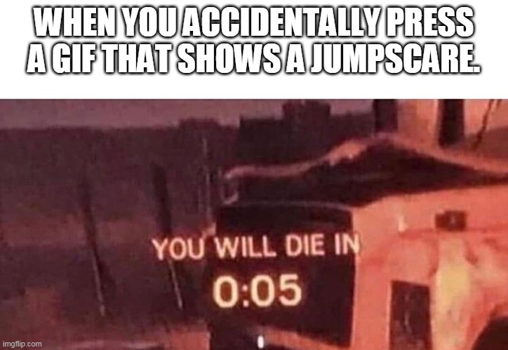 You will die | WHEN YOU ACCIDENTALLY PRESS A GIF THAT SHOWS A JUMPSCARE. | image tagged in you will die | made w/ Imgflip meme maker