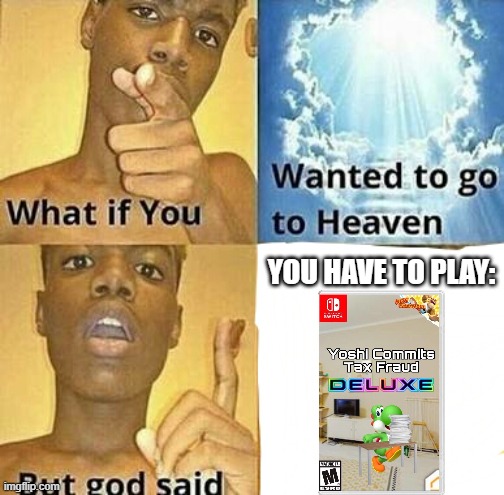 You have to play Yoshi commits Tax Fraud DELUXE! | YOU HAVE TO PLAY: | image tagged in what if you wanted to go to heaven | made w/ Imgflip meme maker