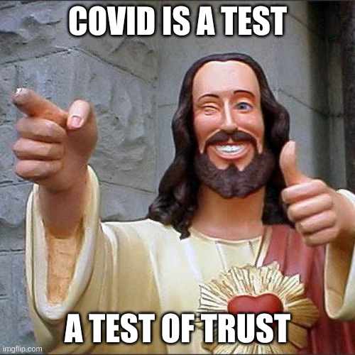 Buddy Christ | COVID IS A TEST; A TEST OF TRUST | image tagged in memes,buddy christ | made w/ Imgflip meme maker