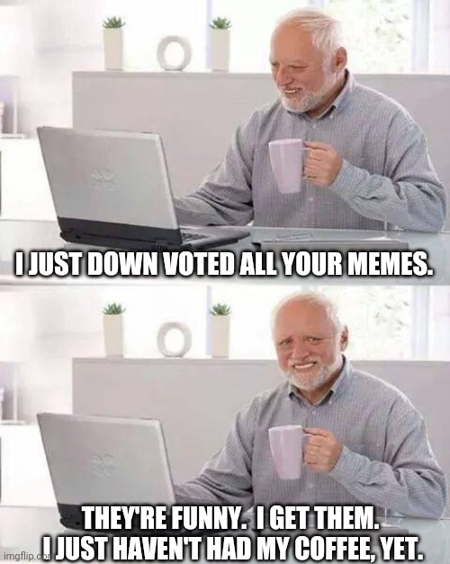 Coffee first | I JUST DOWN VOTED ALL YOUR MEMES. THEY'RE FUNNY.  I GET THEM.  I JUST HAVEN'T HAD MY COFFEE, YET. | image tagged in memes,hide the pain harold | made w/ Imgflip meme maker