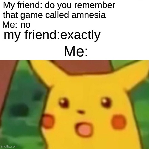 Surprised Pikachu | My friend: do you remember that game called amnesia; Me: no; my friend:exactly; Me: | image tagged in memes,surprised pikachu | made w/ Imgflip meme maker