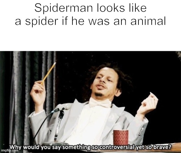 Why would you say something so controversial yet so brave? | Spiderman looks like a spider if he was an animal | image tagged in why would you say something so controversial yet so brave | made w/ Imgflip meme maker