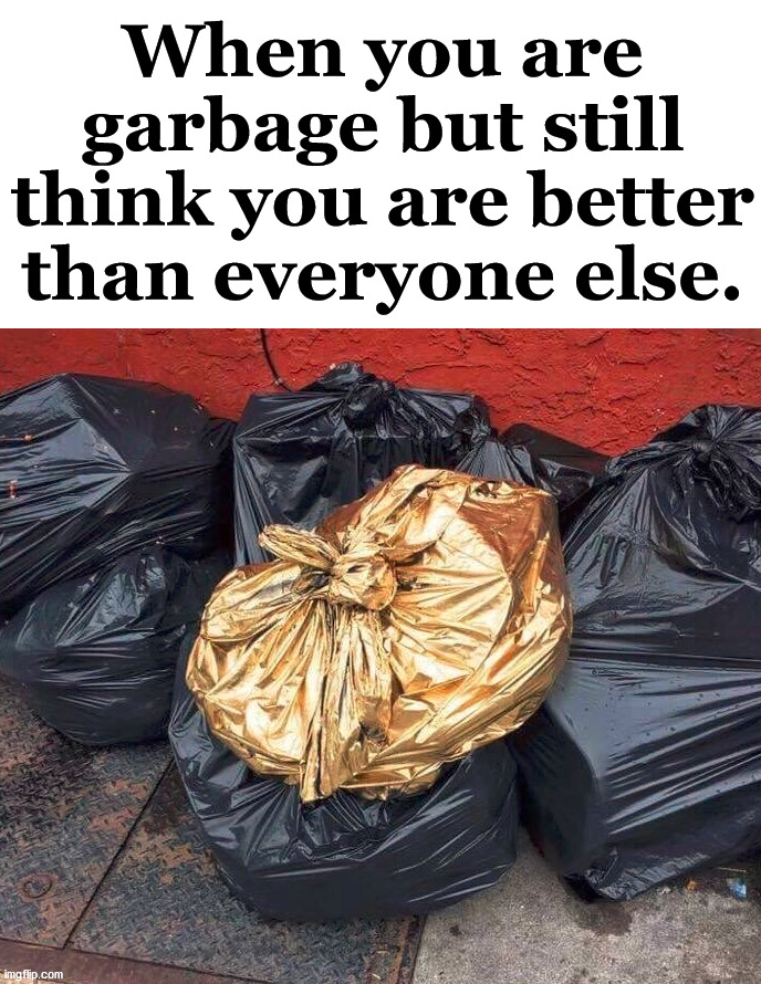 But you still are garbage, right? | When you are garbage but still think you are better than everyone else. | image tagged in garbage,positive thinking,golden | made w/ Imgflip meme maker