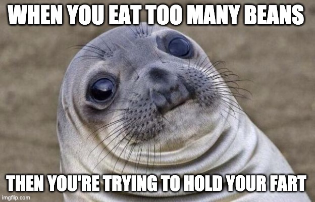 Awkward Moment Sealion | WHEN YOU EAT TOO MANY BEANS; THEN YOU'RE TRYING TO HOLD YOUR FART | image tagged in memes,awkward moment sealion | made w/ Imgflip meme maker