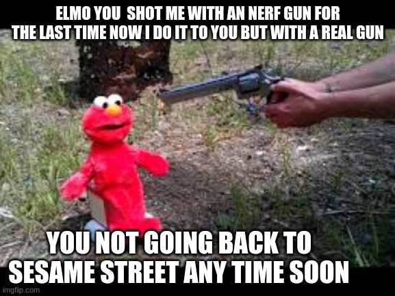 goodbye elmo | ELMO YOU  SHOT ME WITH AN NERF GUN FOR THE LAST TIME NOW I DO IT TO YOU BUT WITH A REAL GUN; YOU NOT GOING BACK TO SESAME STREET ANY TIME SOON | image tagged in elmo is going bye bye | made w/ Imgflip meme maker