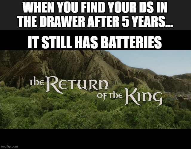 Return Of The King | WHEN YOU FIND YOUR DS IN THE DRAWER AFTER 5 YEARS... IT STILL HAS BATTERIES | image tagged in return of the king | made w/ Imgflip meme maker