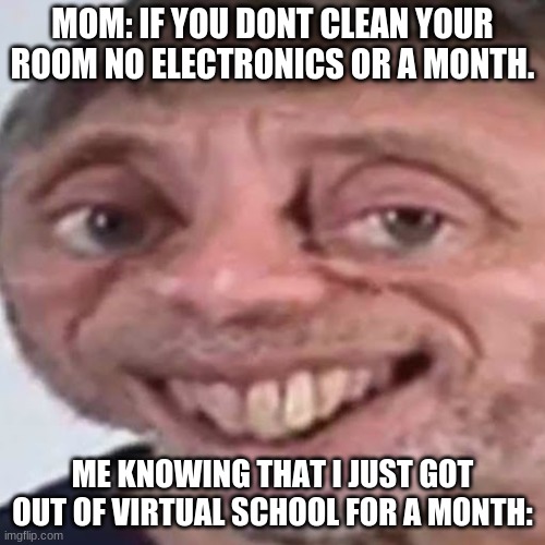 Noice | MOM: IF YOU DONT CLEAN YOUR ROOM NO ELECTRONICS OR A MONTH. ME KNOWING THAT I JUST GOT OUT OF VIRTUAL SCHOOL FOR A MONTH: | image tagged in noice | made w/ Imgflip meme maker