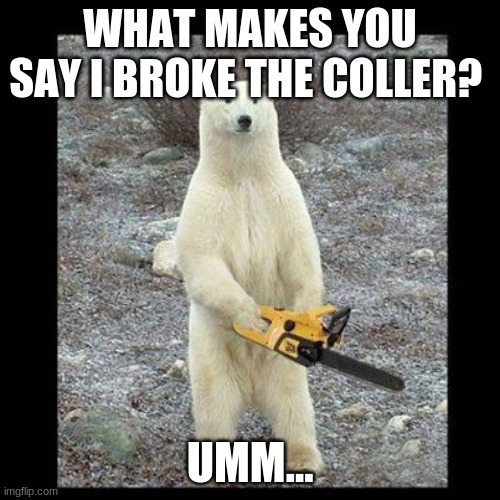 Chainsaw Bear | WHAT MAKES YOU SAY I BROKE THE COLLER? UMM... | image tagged in memes,chainsaw bear | made w/ Imgflip meme maker