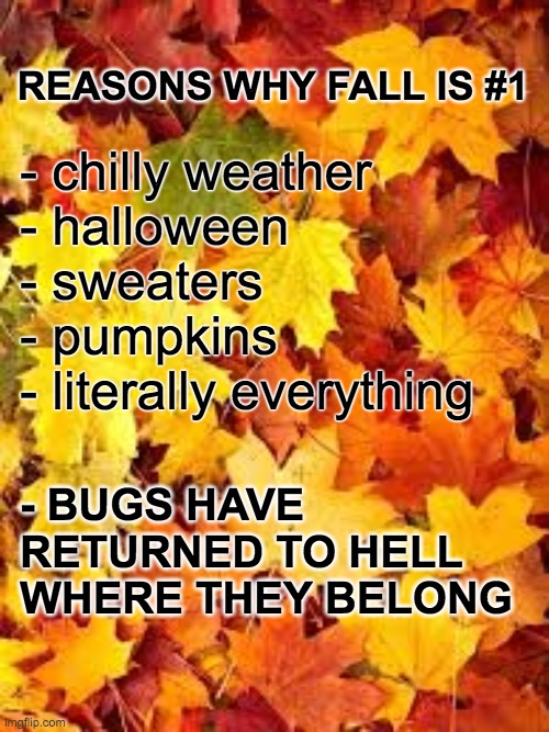 fall leaves golden | REASONS WHY FALL IS #1; - chilly weather
- halloween
- sweaters
- pumpkins
- literally everything; - BUGS HAVE RETURNED TO HELL 
WHERE THEY BELONG | image tagged in fall leaves golden,fall,bugs | made w/ Imgflip meme maker