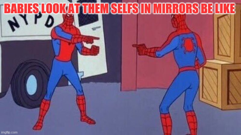 spiderman pointing at spiderman | BABIES LOOK AT THEM SELFS IN MIRRORS BE LIKE | image tagged in spiderman pointing at spiderman | made w/ Imgflip meme maker