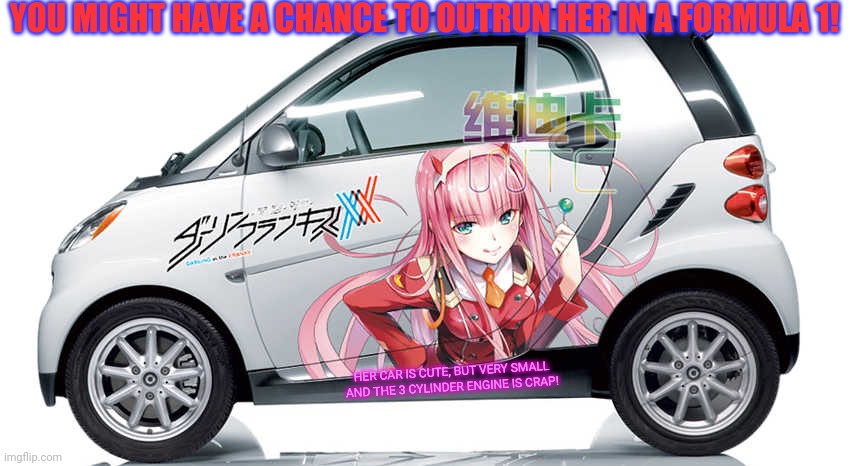 YOU MIGHT HAVE A CHANCE TO OUTRUN HER IN A FORMULA 1! HER CAR IS CUTE, BUT VERY SMALL AND THE 3 CYLINDER ENGINE IS CRAP! | made w/ Imgflip meme maker