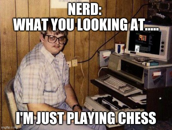 computer nerd | NERD: 
WHAT YOU LOOKING AT..... I'M JUST PLAYING CHESS | image tagged in computer nerd | made w/ Imgflip meme maker