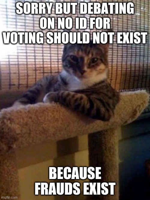 Meme | SORRY BUT DEBATING ON NO ID FOR VOTING SHOULD NOT EXIST; BECAUSE FRAUDS EXIST | image tagged in memes,the most interesting cat in the world | made w/ Imgflip meme maker