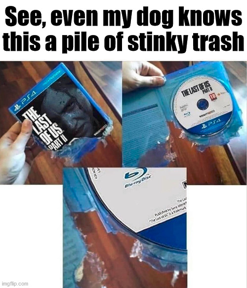 It is so bad my dog could not swallow this trash heap. | See, even my dog knows this a pile of stinky trash | image tagged in gaming | made w/ Imgflip meme maker