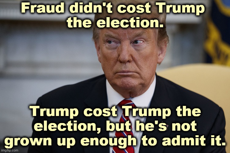Trump has never been strong enough to take the blame for anything. Snowflake. | Fraud didn't cost Trump 
the election. Trump cost Trump the election, but he's not grown up enough to admit it. | image tagged in trump eye slide - caught,trump,immature,phony,fraud,snowflake | made w/ Imgflip meme maker
