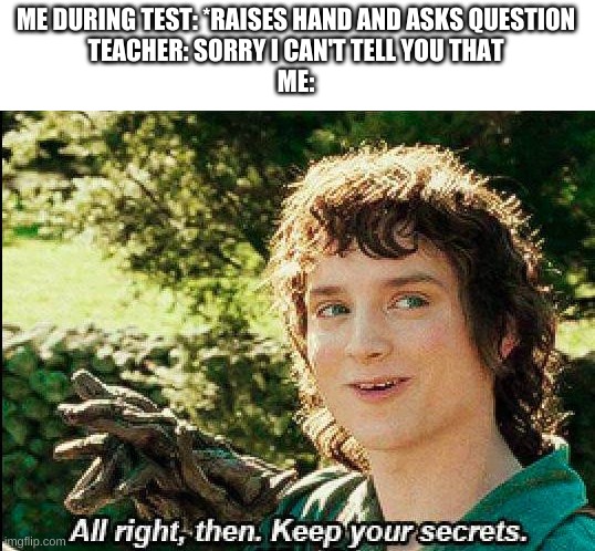 Keep your secrets | ME DURING TEST: *RAISES HAND AND ASKS QUESTION
TEACHER: SORRY I CAN'T TELL YOU THAT
ME: | image tagged in keep your secrets | made w/ Imgflip meme maker