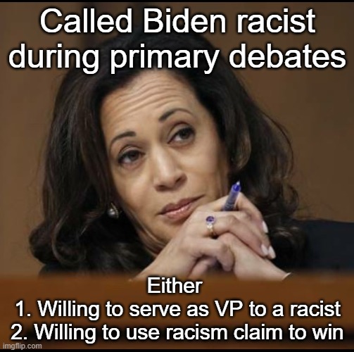 Weaponizing the claim of Racist | Called Biden racist during primary debates; Either 
1. Willing to serve as VP to a racist
2. Willing to use racism claim to win | image tagged in kamala harris | made w/ Imgflip meme maker
