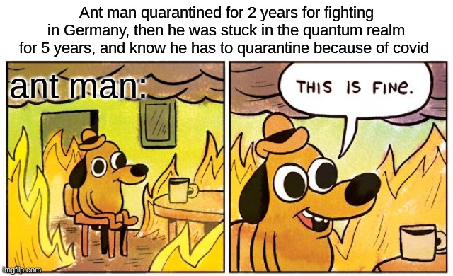 press f to pay respect | Ant man quarantined for 2 years for fighting in Germany, then he was stuck in the quantum realm for 5 years, and know he has to quarantine because of covid; ant man: | image tagged in memes,this is fine | made w/ Imgflip meme maker