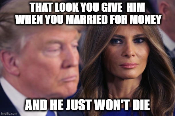 That Look Melania Gives Trump |  THAT LOOK YOU GIVE  HIM 
WHEN YOU MARRIED FOR MONEY; AND HE JUST WON'T DIE | image tagged in trump,melania,flotus,money | made w/ Imgflip meme maker