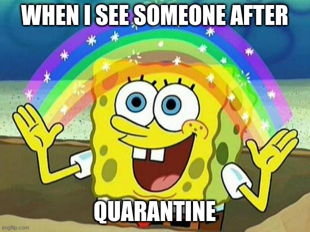 quarantine memes | WHEN I SEE SOMEONE AFTER; QUARANTINE | image tagged in spongebob rainbow | made w/ Imgflip meme maker