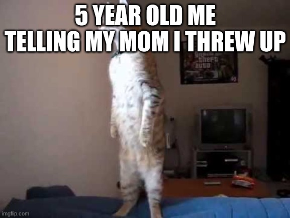 Standing cat | 5 YEAR OLD ME TELLING MY MOM I THREW UP | image tagged in standing cat | made w/ Imgflip meme maker