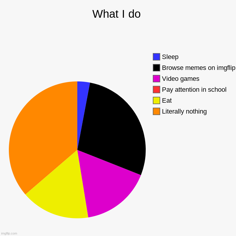 Literally what I do | What I do | Literally nothing, Eat, Pay attention in school, Video games, Browse memes on imgflip, Sleep | image tagged in charts,pie charts | made w/ Imgflip chart maker