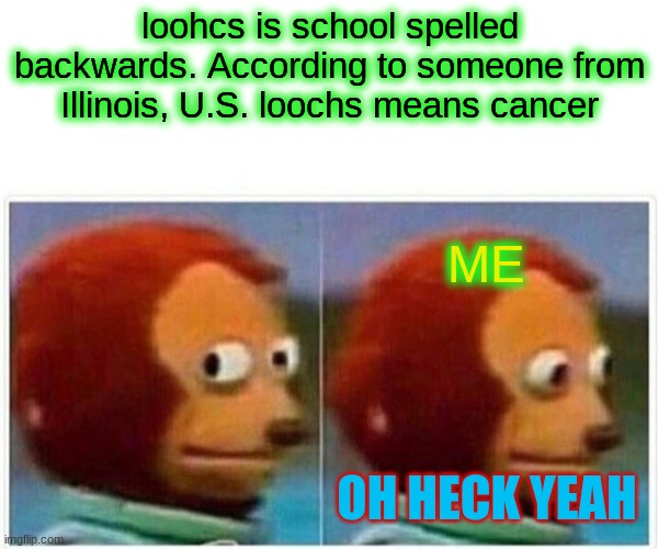 oh heck yeah | loohcs is school spelled backwards. According to someone from Illinois, U.S. loochs means cancer; ME; OH HECK YEAH | image tagged in memes,monkey puppet,oh heck yeah,school,loohcs,cancer | made w/ Imgflip meme maker