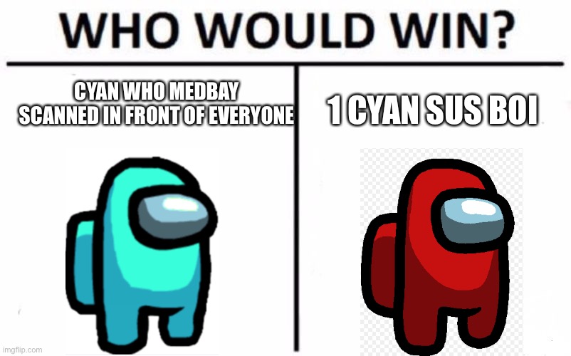 Who Would Win? | CYAN WHO MEDBAY SCANNED IN FRONT OF EVERYONE; 1 CYAN SUS BOI | image tagged in memes,who would win,among us | made w/ Imgflip meme maker