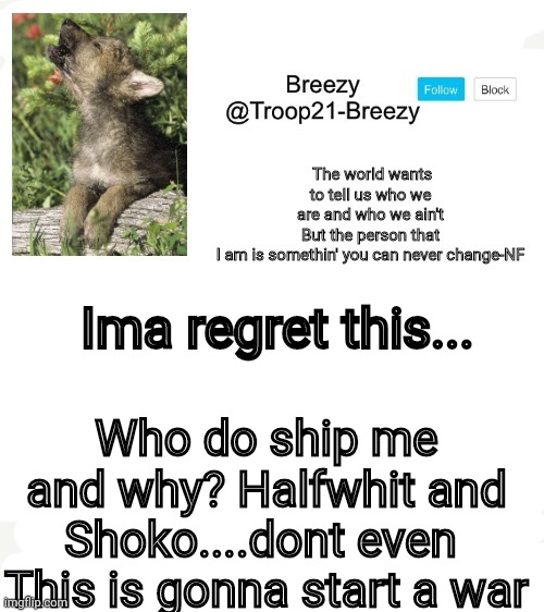 God help me | Ima regret this... Who do ship me and why? Halfwhit and Shoko....dont even 
This is gonna start a war | image tagged in trooper21-breezy template | made w/ Imgflip meme maker