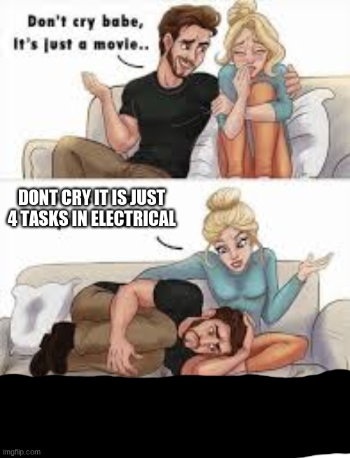 Calm down | DONT CRY IT IS JUST 4 TASKS IN ELECTRICAL | image tagged in calm down it is just a movie | made w/ Imgflip meme maker