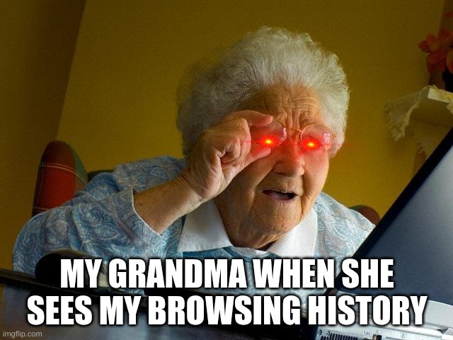 Grandma Finds The Internet Meme | MY GRANDMA WHEN SHE SEES MY BROWSING HISTORY | image tagged in memes,grandma finds the internet | made w/ Imgflip meme maker