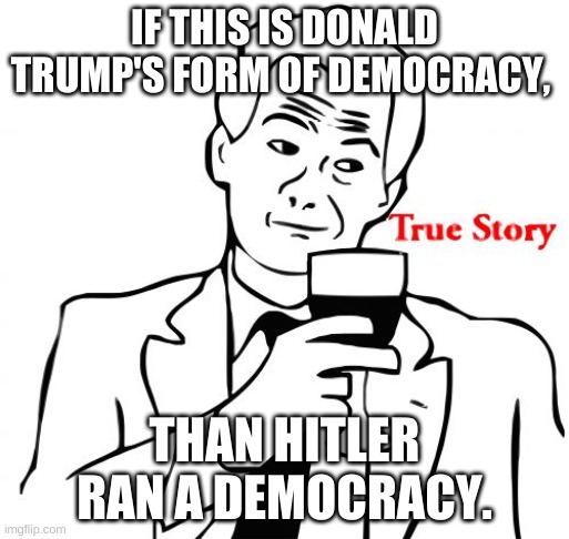 true fact. | IF THIS IS DONALD TRUMP'S FORM OF DEMOCRACY, THAN HITLER RAN A DEMOCRACY. | image tagged in memes,true story | made w/ Imgflip meme maker