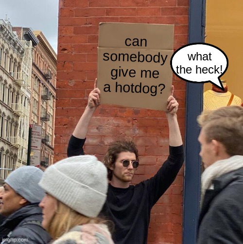 hotdog | can somebody give me a hotdog? what the heck! | image tagged in memes,guy holding cardboard sign | made w/ Imgflip meme maker