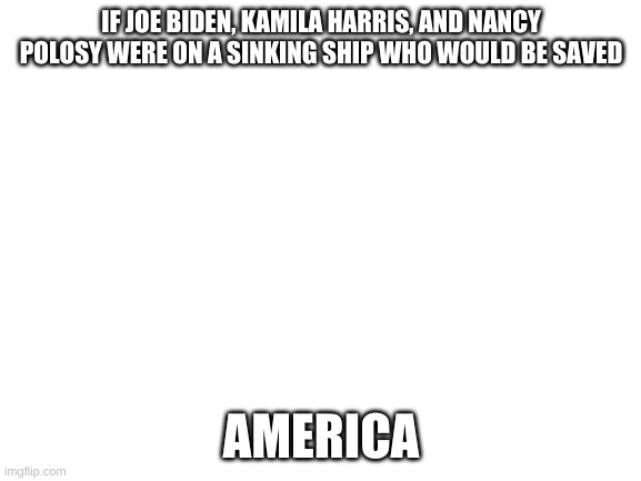 Blank White Template | IF JOE BIDEN, KAMILA HARRIS, AND NANCY POLOSY WERE ON A SINKING SHIP WHO WOULD BE SAVED; AMERICA | image tagged in blank white template | made w/ Imgflip meme maker