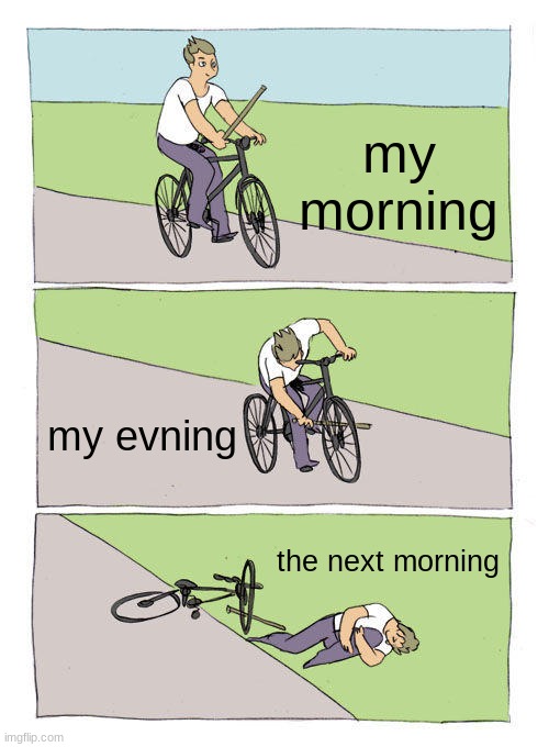 Bike Fall Meme | my morning; my evning; the next morning | image tagged in memes,bike fall | made w/ Imgflip meme maker
