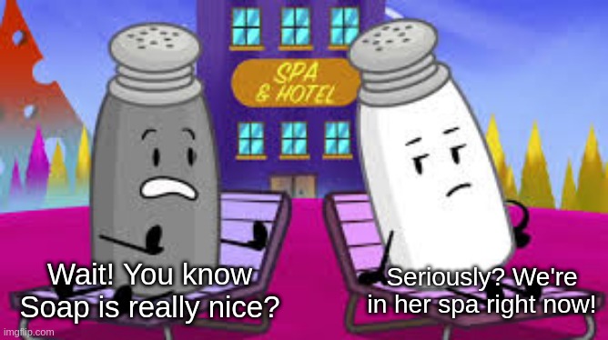 Salt Is Really Grumpy Because Of Her Spa Taking REALLY LONG! | Seriously? We're in her spa right now! Wait! You know Soap is really nice? | image tagged in memes,wait you know soap is really nice | made w/ Imgflip meme maker